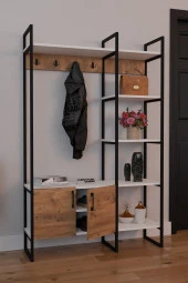 FurnatureDesign Metal Portmanto Elbise Askılığı Ayakkabılık Bölmeli Vestiyer - Beyaz & Atlantik Çam - 3