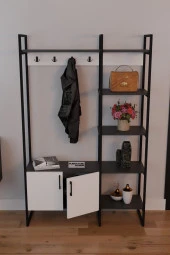 FurnatureDesign Metal Portmanto Elbise Askılığı Ayakkabılık Bölmeli Vestiyer - Antrasit & Beyaz - 2