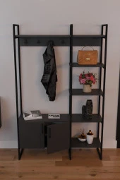 FurnatureDesign Metal Portmanto Elbise Askılığı Ayakkabılık Bölmeli Vestiyer - Antrasit - 2