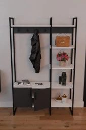 FurnatureDesign Metal Portmanto Elbise Askılığı Ayakkabılık Bölmeli Vestiyer - Beyaz & Antrasit - 2