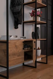 FurnatureDesign Metal Portmanto Elbise Askılığı Ayakkabılık Bölmeli Vestiyer - Atlantik Çam - 4