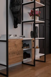 FurnatureDesign Metal Portmanto Elbise Askılığı Ayakkabılık Bölmeli Vestiyer - Beyaz & Atlantik Çam - 4