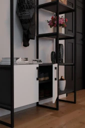 FurnatureDesign Metal Portmanto Elbise Askılığı Ayakkabılık Bölmeli Vestiyer - Antrasit & Beyaz - 4