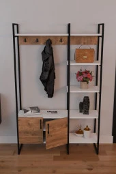 CMKStore Metal Portmanto Elbise Askılığı Ayakkabılık Bölmeli Vestiyer - Beyaz & Atlantik Çam - 2