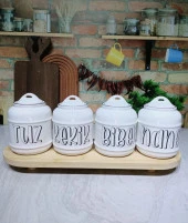 4 Adet Seramik 400 ml Tuz/Kekik/Biber/Nane Kavanoz Seti Baharatlık Seti - 1