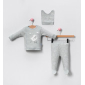 Kuzu Desenli Erkek Bebek Hastane Çıkışı Kendinden Eldivenli Şapkalı Patikli 3lü Set - 1