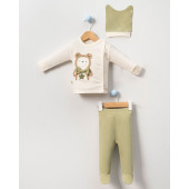 Ayıcık Nakışlı Erkek Bebek Hastane Çıkışı Kendinden Eldivenli Patikli 3lü Takım - 1