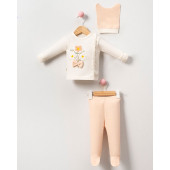 Süzene Çiçek Nakışlı Kız Bebek Hastane Çıkışı Kendinden Eldivenli 3'lü Set - 1