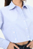 Kadın Çizgili Mavi Crop Gömlek 1738-24 - 7