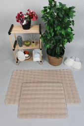 Modern Bubble Yıkanabilir Kaymaz Peluş Banyo Paspası Halısı 2'li Klozet Takımı 50x80-50x40cm Açık Bej - 1