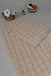 Modern Bubble Yıkanabilir Kaymaz Peluş Banyo Paspası Halısı 2'li Klozet Takımı 50x80-50x40cm Açık Bej - 3