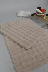 Modern Bubble Yıkanabilir Kaymaz Peluş Banyo Paspası Halısı 2'li Klozet Takımı 50x80-50x40cm Açık Bej - 5