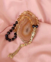 Tesbih Koleksiyonluk 925 Ayar Diamond Gümüş 33 lük Sitrin Obsidyen Doğal Taş Faset Kesim 07 mm Tespih - 1