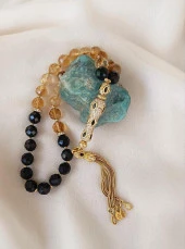 Tesbih Koleksiyonluk 925 Ayar Diamond Gümüş 33 lük Sitrin Obsidyen Doğal Taş Faset Kesim 07 mm Tespih - 2