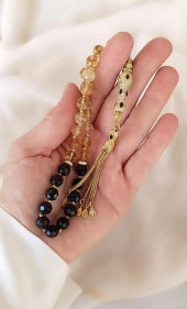 Tesbih Koleksiyonluk 925 Ayar Diamond Gümüş 33 lük Sitrin Obsidyen Doğal Taş Faset Kesim 07 mm Tespih - 4