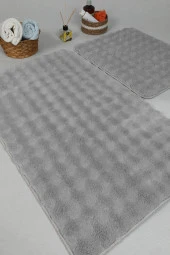 Modern Bubble Yıkanabilir Kaymaz Peluş Banyo Paspası Halısı 2'li Klozet Takımı 50X80-50x40cm Gri - 4