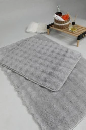 Modern Bubble Yıkanabilir Kaymaz Peluş Banyo Paspası Halısı 2'li Klozet Takımı 50X80-50x40cm Gri - 5
