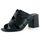 Erkan Saçmacı Bianca Siyah Hakiki Dana Derisi Önü Açık Kesik Detaylı Kalın Topuklu Günlük Terlik thumbnail 1