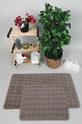 Modern Bubble Yıkanabilir Kaymaz Peluş Banyo Paspası Halısı 2'li Klozet Takımı 50x80-50x40cm Vizon - 1