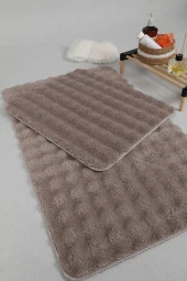 Modern Bubble Yıkanabilir Kaymaz Peluş Banyo Paspası Halısı 2'li Klozet Takımı 50x80-50x40cm Vizon - 5