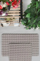 Modern Bubble Yıkanabilir Kaymaz Peluş Banyo Paspası Halısı 2'li Klozet Takımı 50x80-50x40cm Bej - 2
