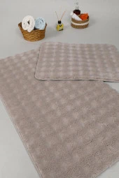 Modern Bubble Yıkanabilir Kaymaz Peluş Banyo Paspası Halısı 2'li Klozet Takımı 50x80-50x40cm Bej - 3