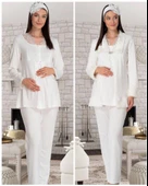 Mecit 5304 Ecru Peluş Detaylı  Sabahlıklı Lohusa Pijama Takımı - 3