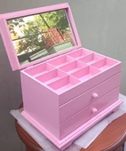 Hobi Takı Şifonyer 90390 Makyaj Kutu 2Çekmc Ayna Parlak Pembe Ahşap MDF El Yapım - 9