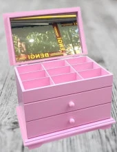 Hobi Takı Şifonyer 90390 Makyaj Kutu 2Çekmc Ayna Parlak Pembe Ahşap MDF El Yapım - 1