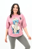 Kadın Büyük Beden Kalp Baskılı Oversize T-shirt 1773-3-24 - 12