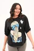 Kadın Büyük Beden Kalp Baskılı Oversize T-shirt 1773-3-24 - 2