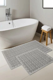 Naturel Pamuklu Kilim Yıkanabilir Banyo Paspası Halısı 2'li Klozet Takımı 60x100-50x60cm Gri - 1