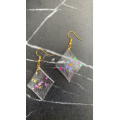 Şeffaf Yıldız Simli Glitterli Parlak Gold Aksesuar Karo Dörtgen Şekil 4 Cm Epoksi Küpe Hediyelik thumbnail 4