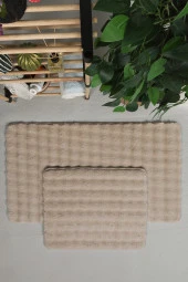 Modern Bubble Yıkanabilir Kaymaz Peluş Banyo Paspası Halısı 2'li Klozet Takımı 60x100-50x60cm Açık Bej - 2