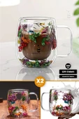 2'li Isıya Dayanıklı Borosilikat Çift Çidarlı Flower Cup Çiçekli Bardak Kulplu Kahve Sunum Bardağı - 1