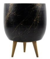 Bitki Tasarımı  Siyah Üzeri Gold Mermer Efektli Toprak Saksı Saksılık Salon Çiçeklik 3 Ayaklı - 19 CM thumbnail 1