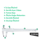 Mekanik Manuel Metal Kumpas Metal Çene 150 mm Kutulu Hassas İç Dış Derinlik Ölçüm Aleti - 4