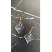 Şeffaf Yıldız Simli Glitterli Parlak Gold Aksesuar Karo Dörtgen Şekil 3 Cm Epoksi Küpe Hediyelik thumbnail 1