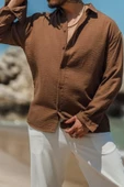 Erkek Uzun Kollu Gömlek Yaka Keten Oversize Gömlek - 7