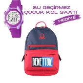 Çocuk Kol Saati Hediyeli Benetton Büyük Kapasiteli Çocuk Okul Çantası B.NT.03790 - 1