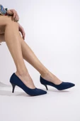 Kadın Lacivert Süet İnce Kısa Topuklu Stiletto Ayakkabı - Candy - 1