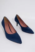 Kadın Lacivert Süet İnce Kısa Topuklu Stiletto Ayakkabı - Candy - 4