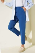 İp Detaylı Beli Lastikli Dar Paça Pers Mavi Pantolon thumbnail 2