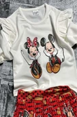 Kız Çocuk Omzu Fırfırlı Mickey ve Minnie Baskılı Beyaz Bluz Etekli Takım thumbnail 2