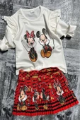 Kız Çocuk Omzu Fırfırlı Mickey ve Minnie Baskılı Beyaz Bluz Etekli Takım thumbnail 1