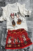 Kız Çocuk Omzu Fırfırlı Mickey ve Minnie Baskılı Beyaz Bluz Etekli Takım - 1