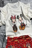 Kız Çocuk Omzu Fırfırlı Mickey ve Minnie Baskılı Beyaz Bluz Etekli Takım - 2