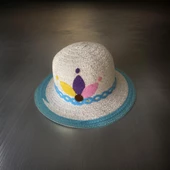 Mavi Kenarlıklı Yazlık Renkli Desenli Hasır Çocuk Şapkası - 1