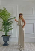 Kadın Eteği Balon Dar Kemerli Keten İkili Takım Bej thumbnail 5