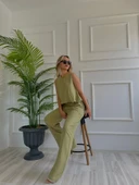 Kadın Eteği Balon Dar Kemerli Keten İkili Takım Haki thumbnail 5